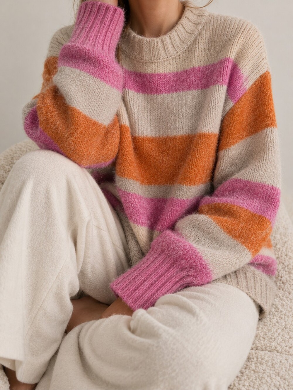 H&M Striped Cozy Mock Neck Knit Sweater Pink Orange Beige Size Small